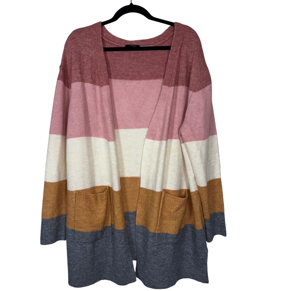 Modern Canvas XXL Colorblock Stripe Open Front Cardigan Sweater Pink‎ Cozy Soft